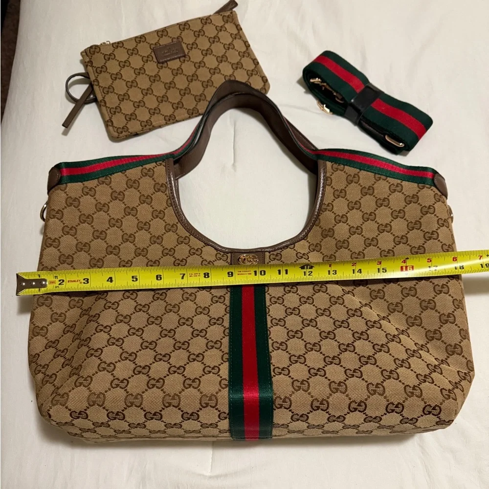 Brown Tote Bag with Green and Red Stripes - Picture 2 of 4